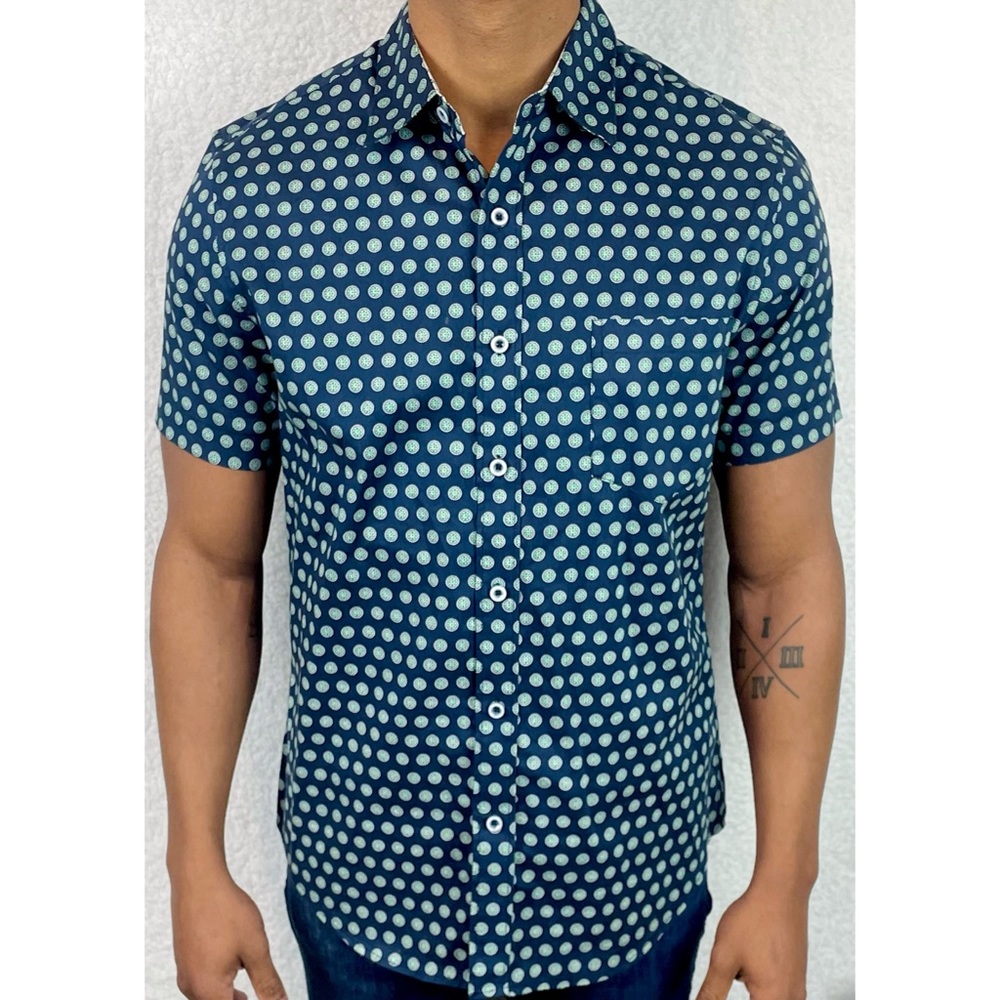 SQ WEAR • Blue/Green Lime Print Button-Down Short Sleeve Shirt, S